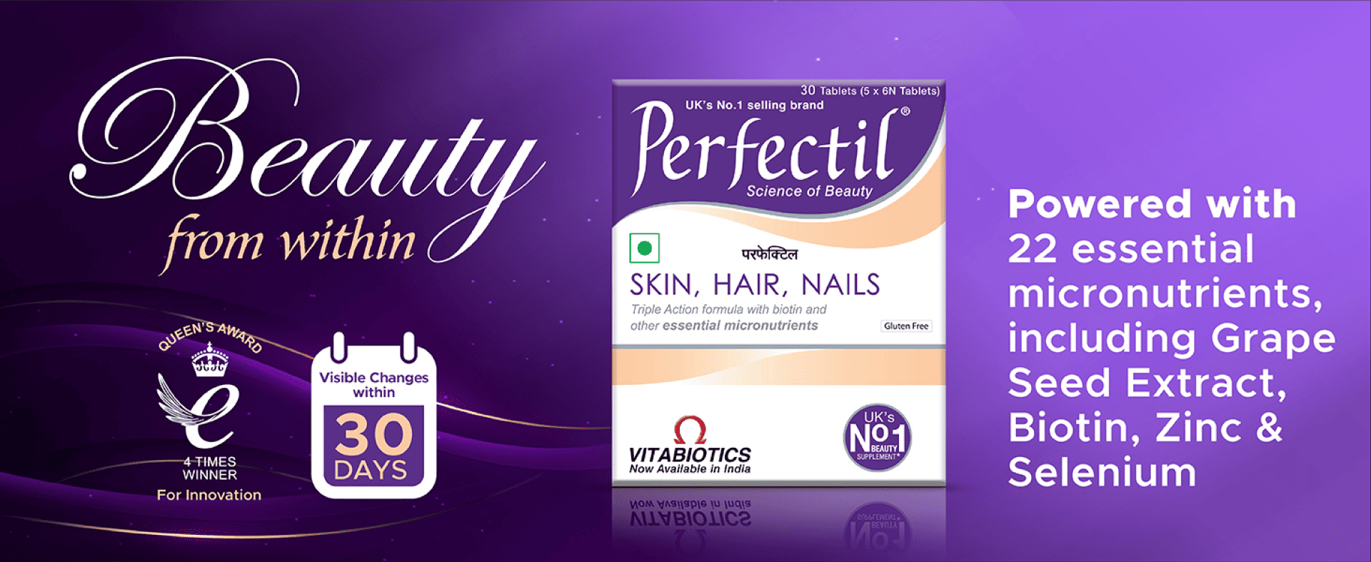 Perfectil tablets for skin, hair, and nails, enriched with 22 essential micronutrients for visible results in 30 days