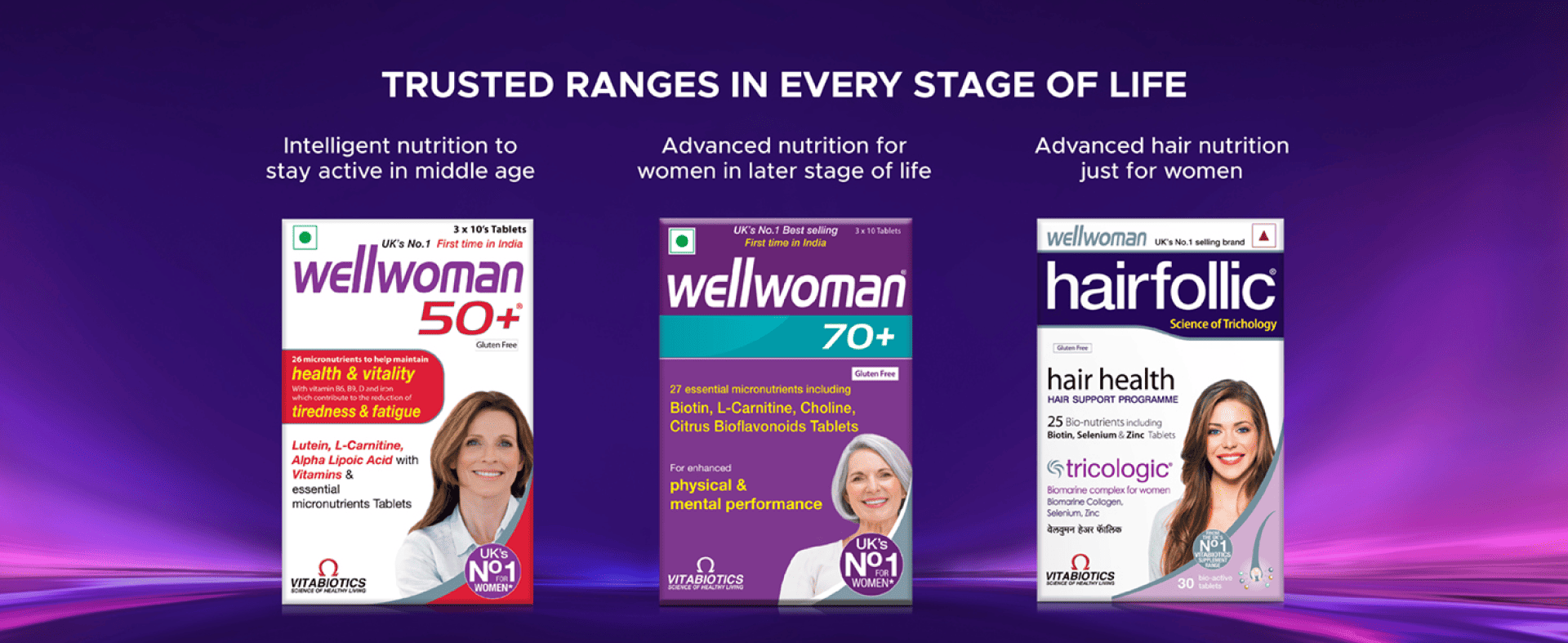 Wellwoman 50+ and 70+ with Hairfolic supplement packages for women