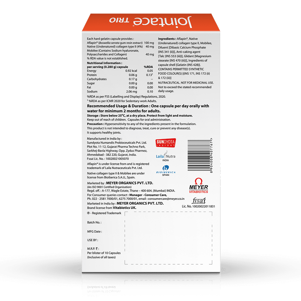 Jointace Trio product with ingredients and manufacturer details