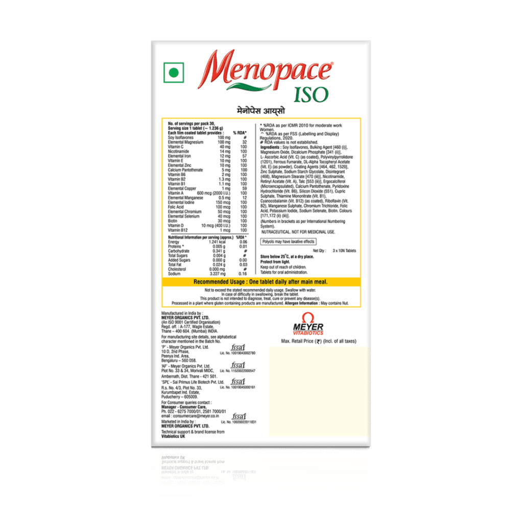 Menopace Iso tablets packaging with product information and specifications