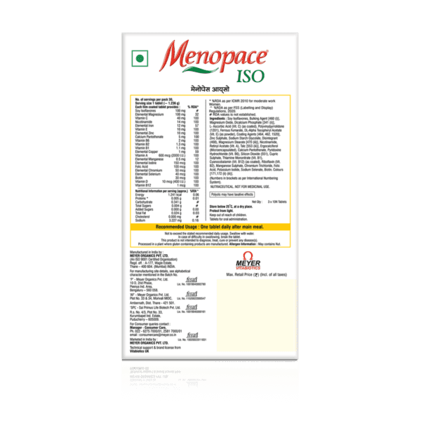 Menopace Iso tablets packaging with product information and specifications