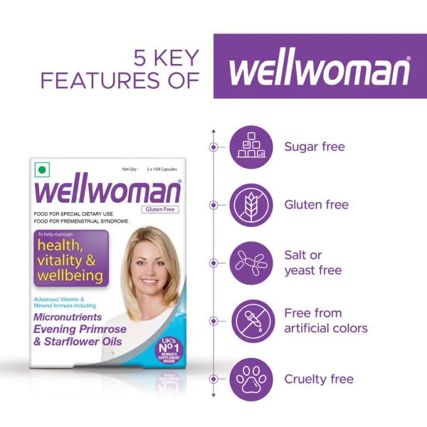 Wellwoman capsules: 5 key features - sugar-free, gluten-free, salt-free, color-free, cruelty-free